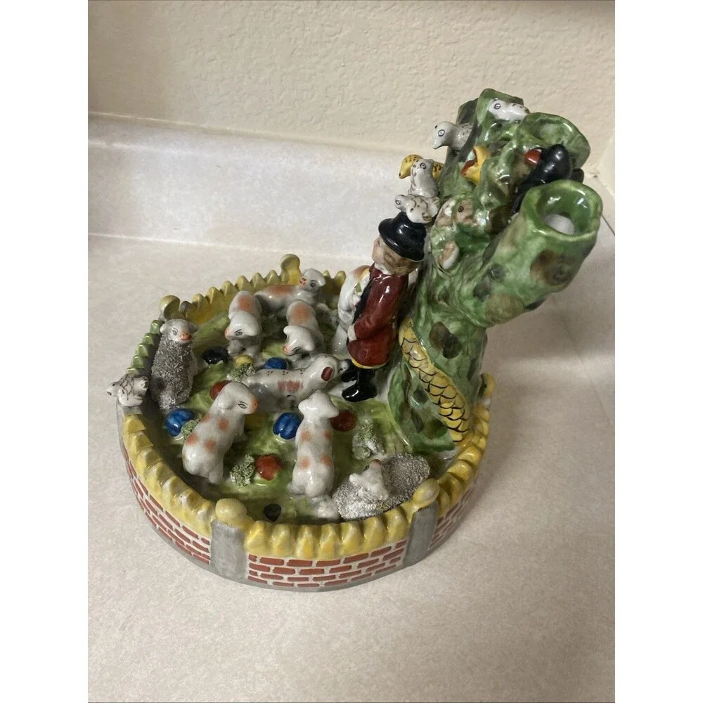 Vtg Staffordshire Style Spill Vase Shepherd, Sheepdog, Sheep, Birds, Tree 8.25